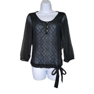 Lucky Brand Black Sheer Mesh Blouse Top XS Swiss Dot 3/4 Sleeve Dark Romantic